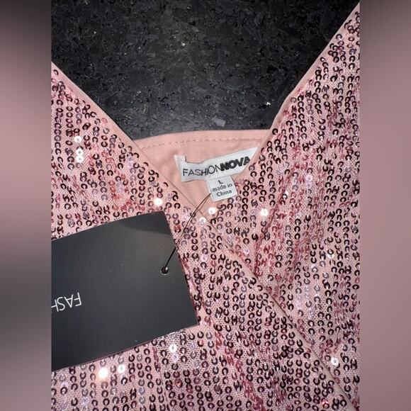 NEW FASHION NOVA Can't Hide The Shine Sequin PINK Jumpsuit SZ L - Picture 7 of 13